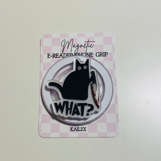 Magnetic e-reader phone grip with a black cat design on a checkered card