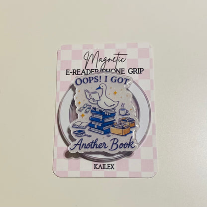 Magnetic e-reader phone grip with cartoon design on a checkered card, brand 'KAILEX' visible
