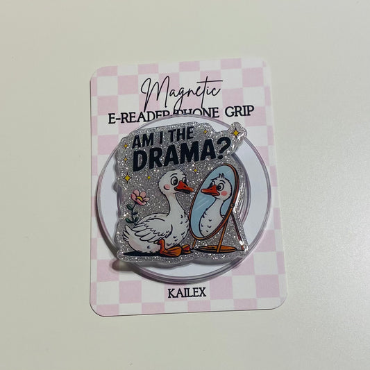 Magnetic e-reader phone grip with ducks and text on a checkered card