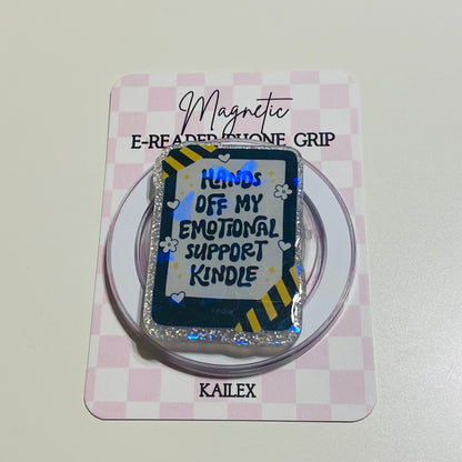 Holographic Hands off my Emotional Support Kindle with yellow tape E-Reader, Phone Grip for all Devices Magnetic Grip