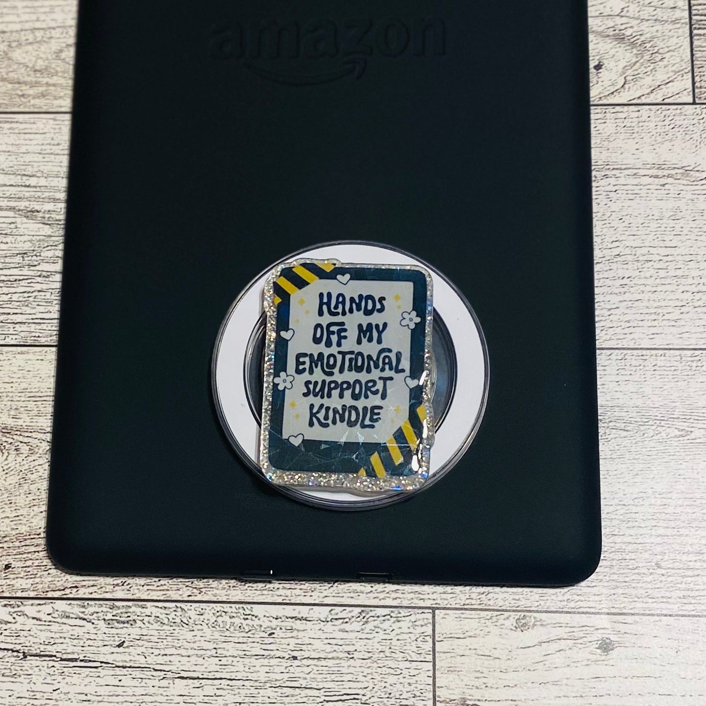 Holographic Hands off my Emotional Support Kindle with yellow tape E-Reader, Phone Grip for all Devices Magnetic Grip