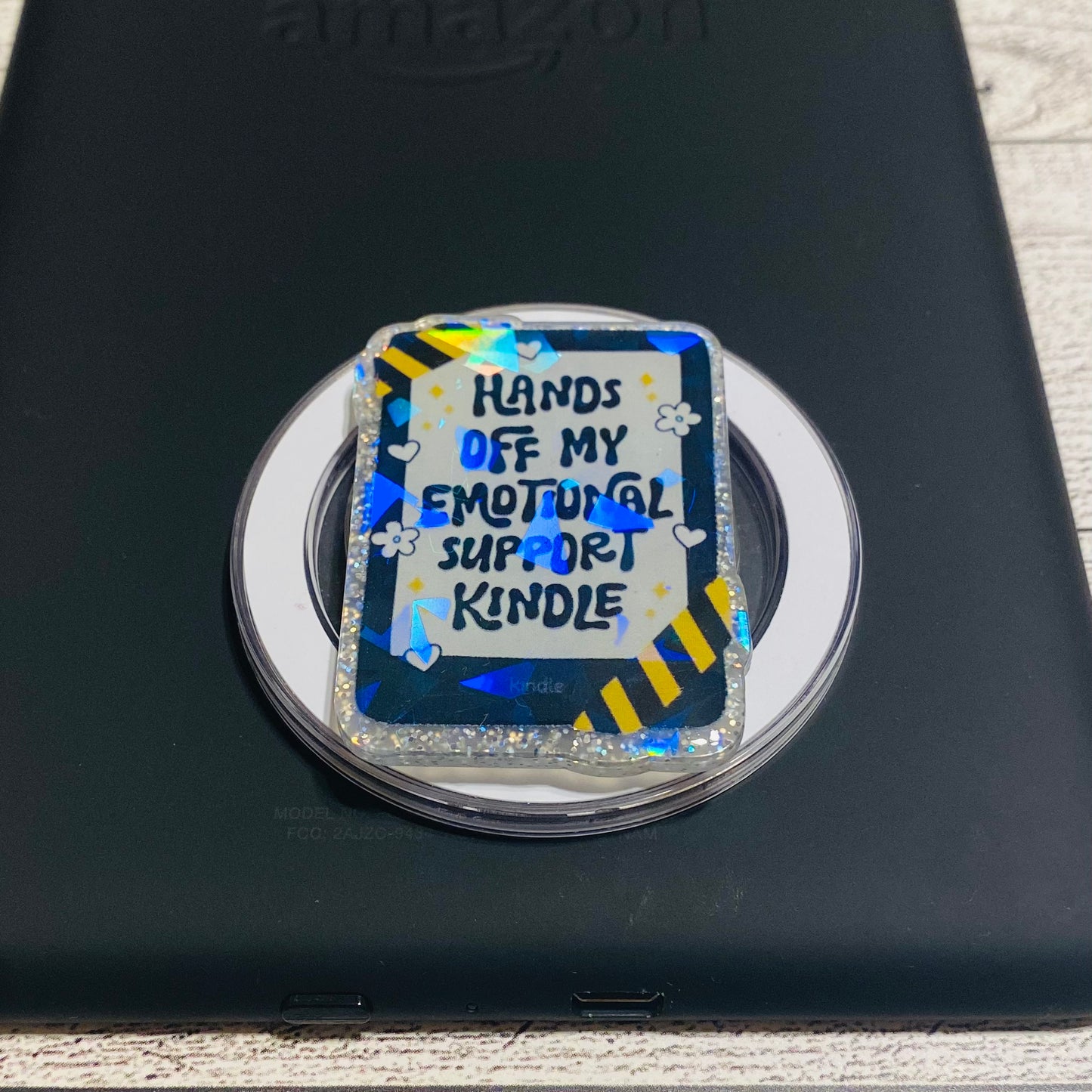 Holographic Hands off my Emotional Support Kindle with yellow tape E-Reader, Phone Grip for all Devices Magnetic Grip