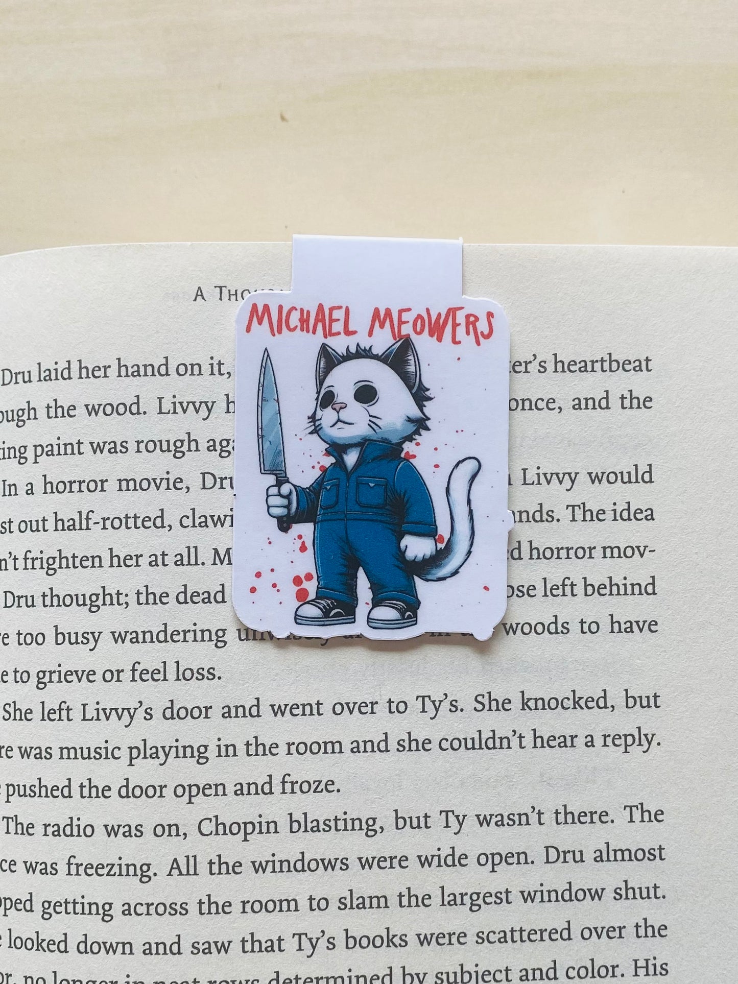 Mike Meowers cat holding knife Magnetic Bookmark