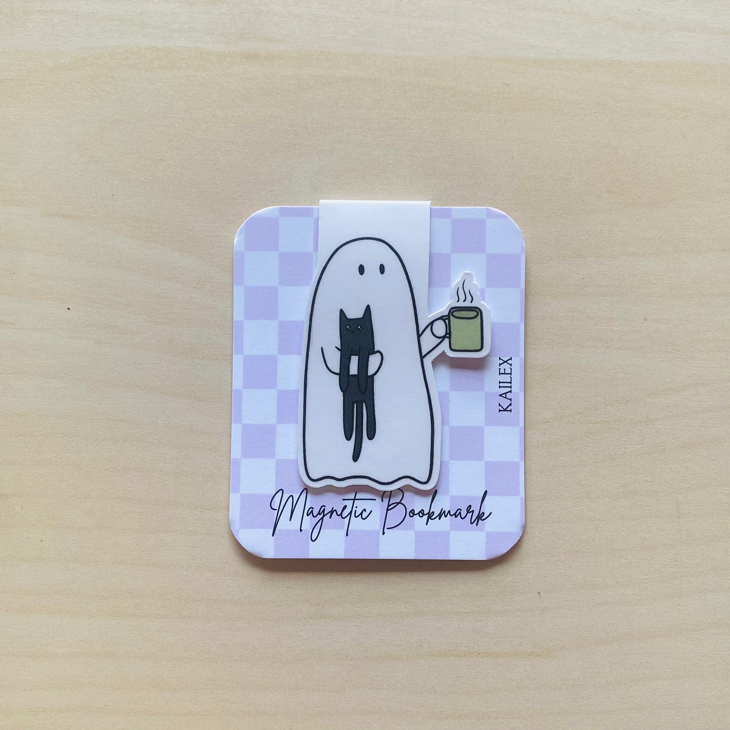 Ghost holding black cat and coffee Magnetic Bookmark