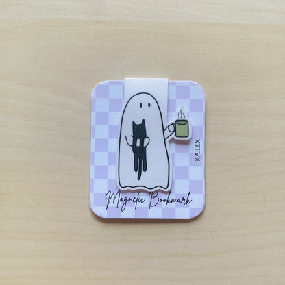 Ghost holding black cat and coffee Magnetic Bookmark