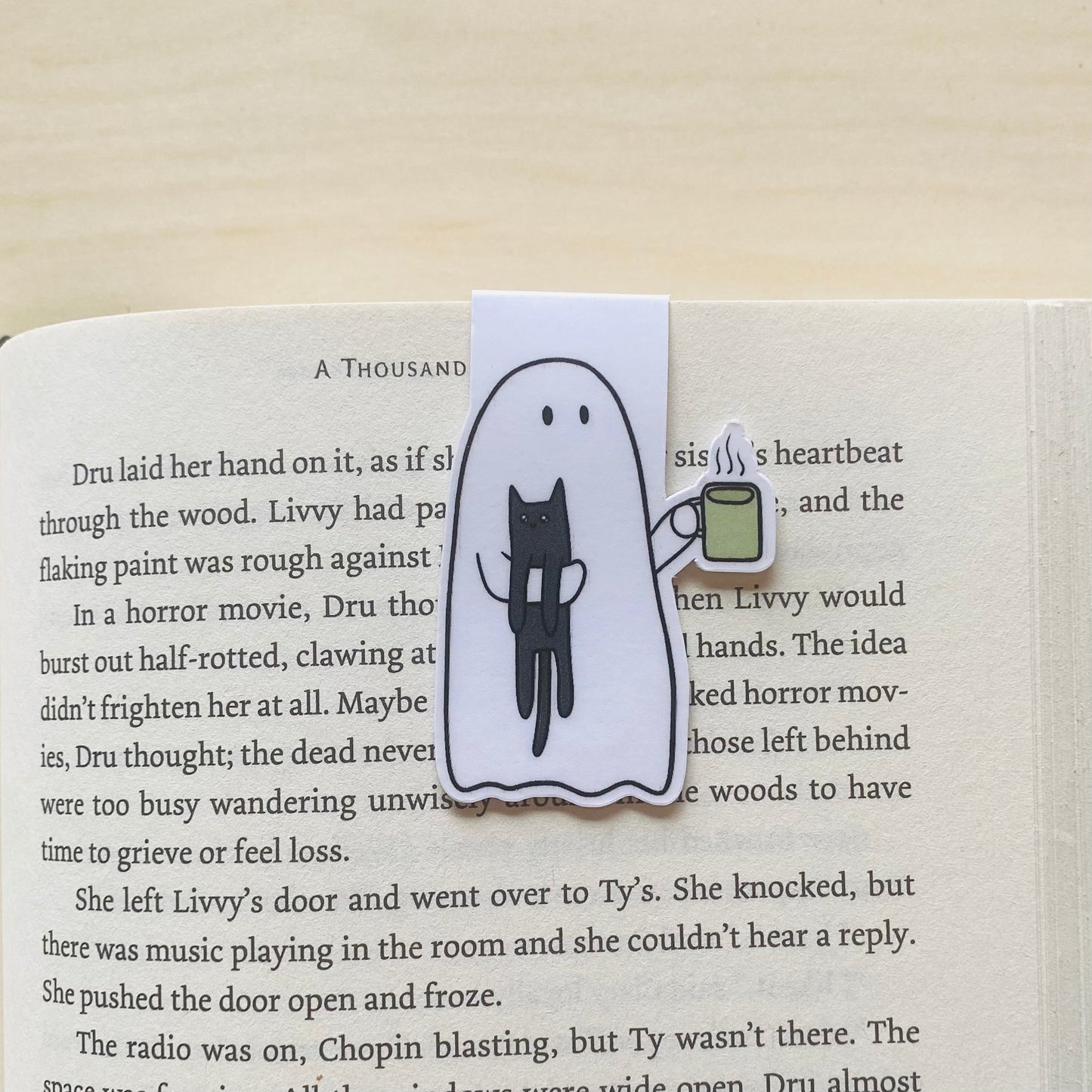 Ghost holding black cat and coffee Magnetic Bookmark