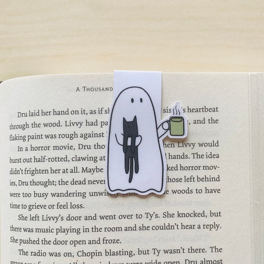 Ghost holding black cat and coffee Magnetic Bookmark