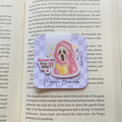 Excuse me, they did what? pink ghost reading yellow book Magnetic Bookmark