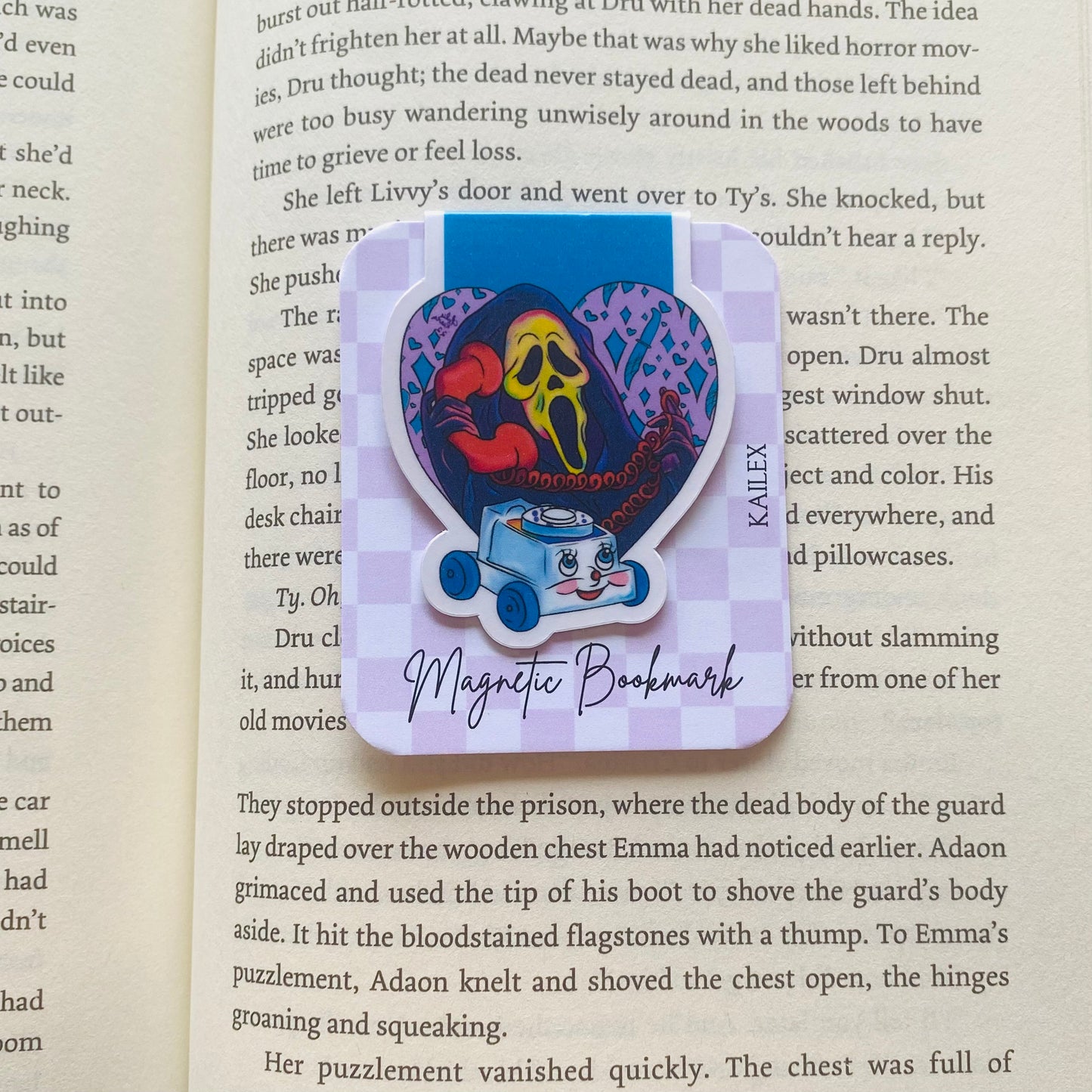 Ghost mask holding phone in purple heart Magnetic Bookmark