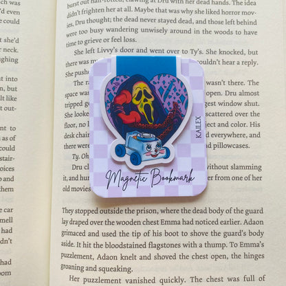Ghost mask holding phone in purple heart Magnetic Bookmark