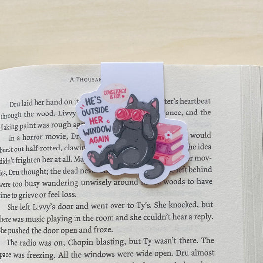 He's outside her window again black cat with pink books Magnetic Bookmark