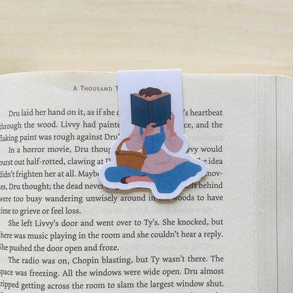 Girl in blue dress reading book Magnetic Bookmark