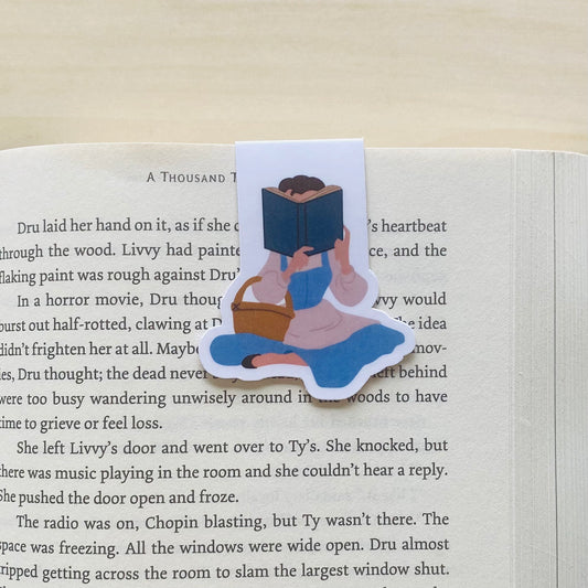 Girl in blue dress reading book Magnetic Bookmark