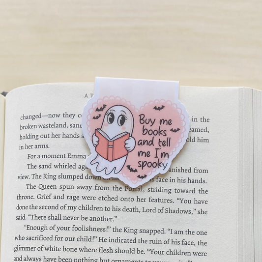 Buy me books and tell me I'm spooky ghost with book in pink heart Magnetic Bookmark