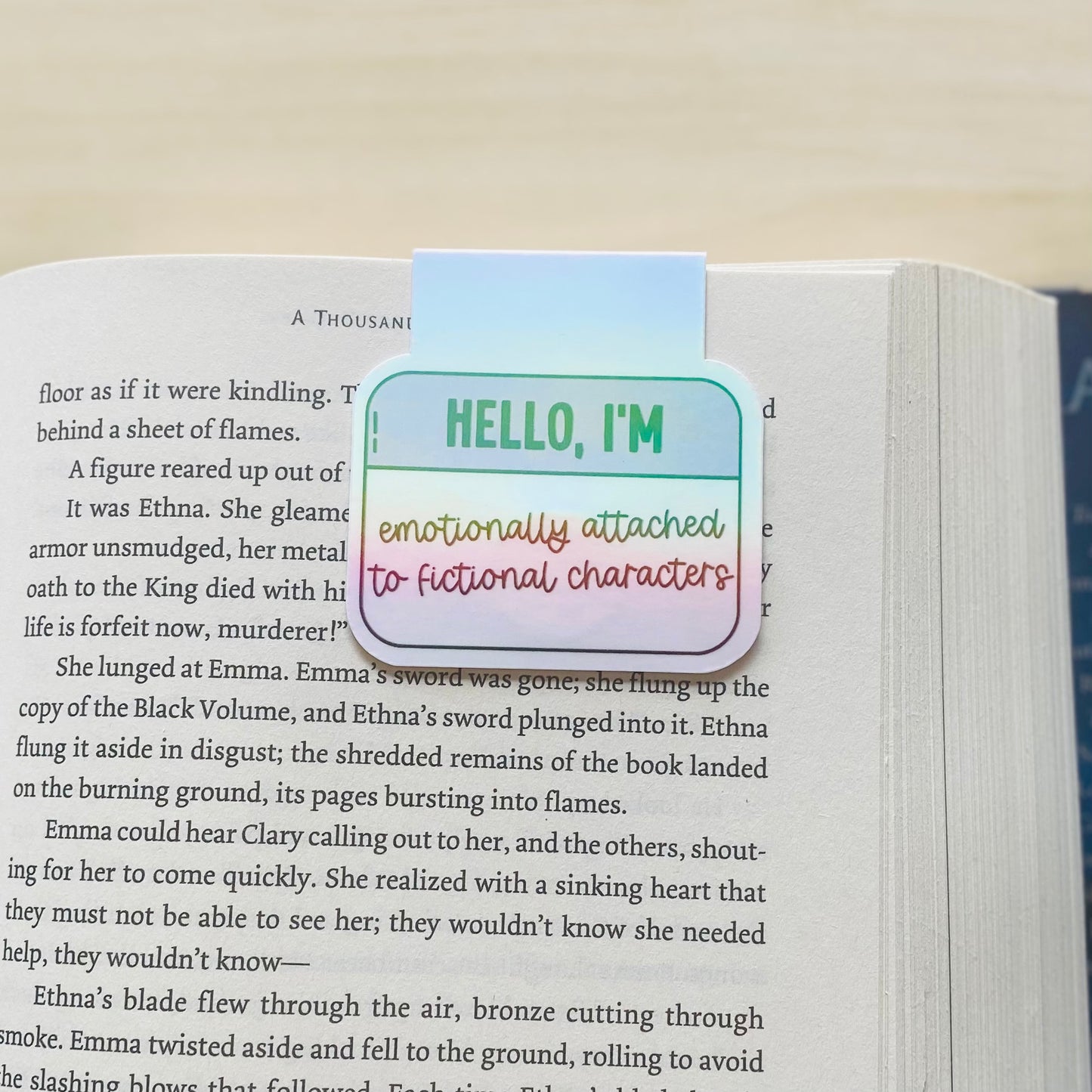 Holographic Hello, I'm emotionally attached to fictional characters name tag Magnetic Bookmark