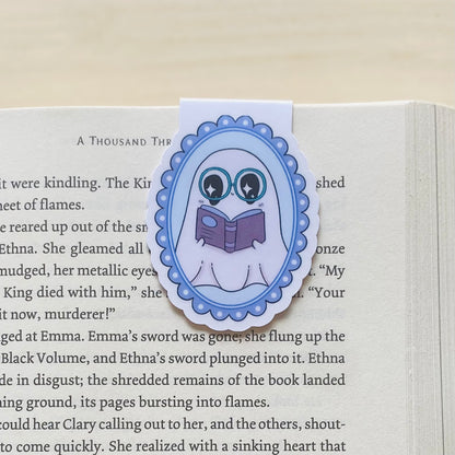 Purple ghost reading a book in purple frame Magnetic Bookmark
