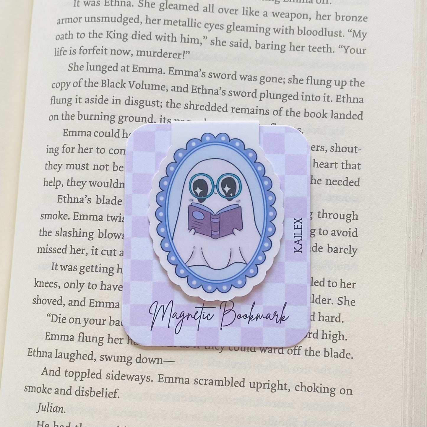 Purple ghost reading a book in purple frame Magnetic Bookmark