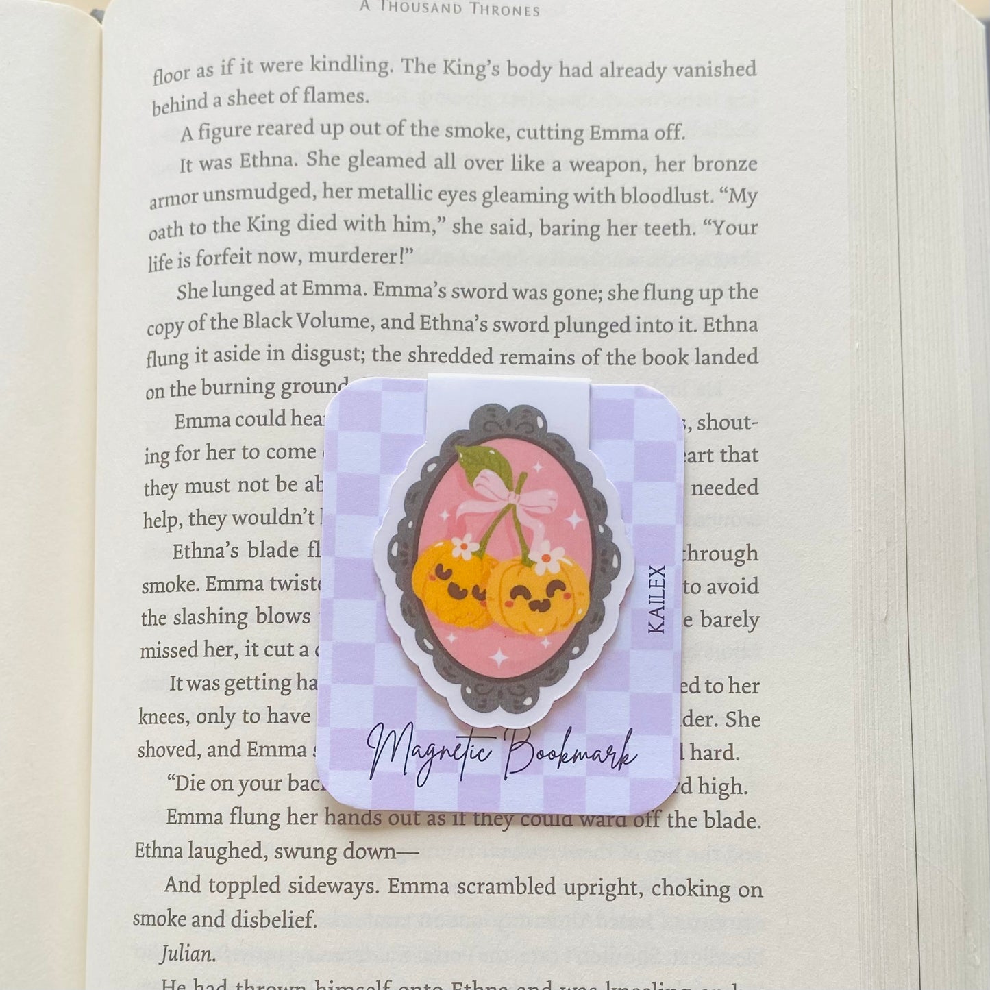Cute pumpkin cherries in black and pink frame Magnetic Bookmark