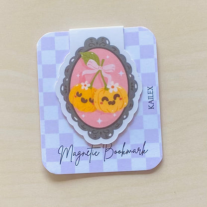 Cute pumpkin cherries in black and pink frame Magnetic Bookmark