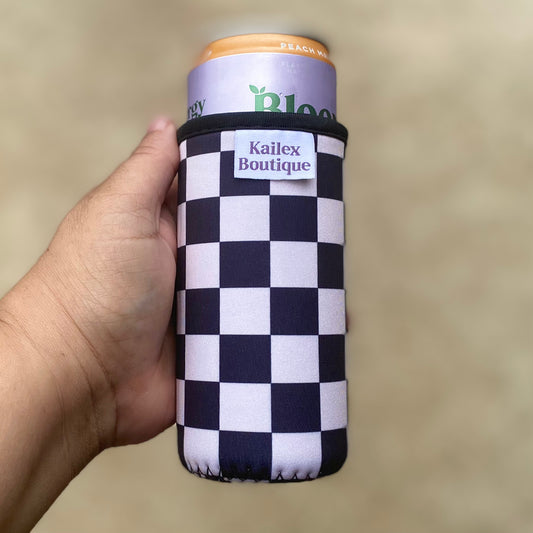 Checkered Slim can cooler sleeve for 12oz can, drinks