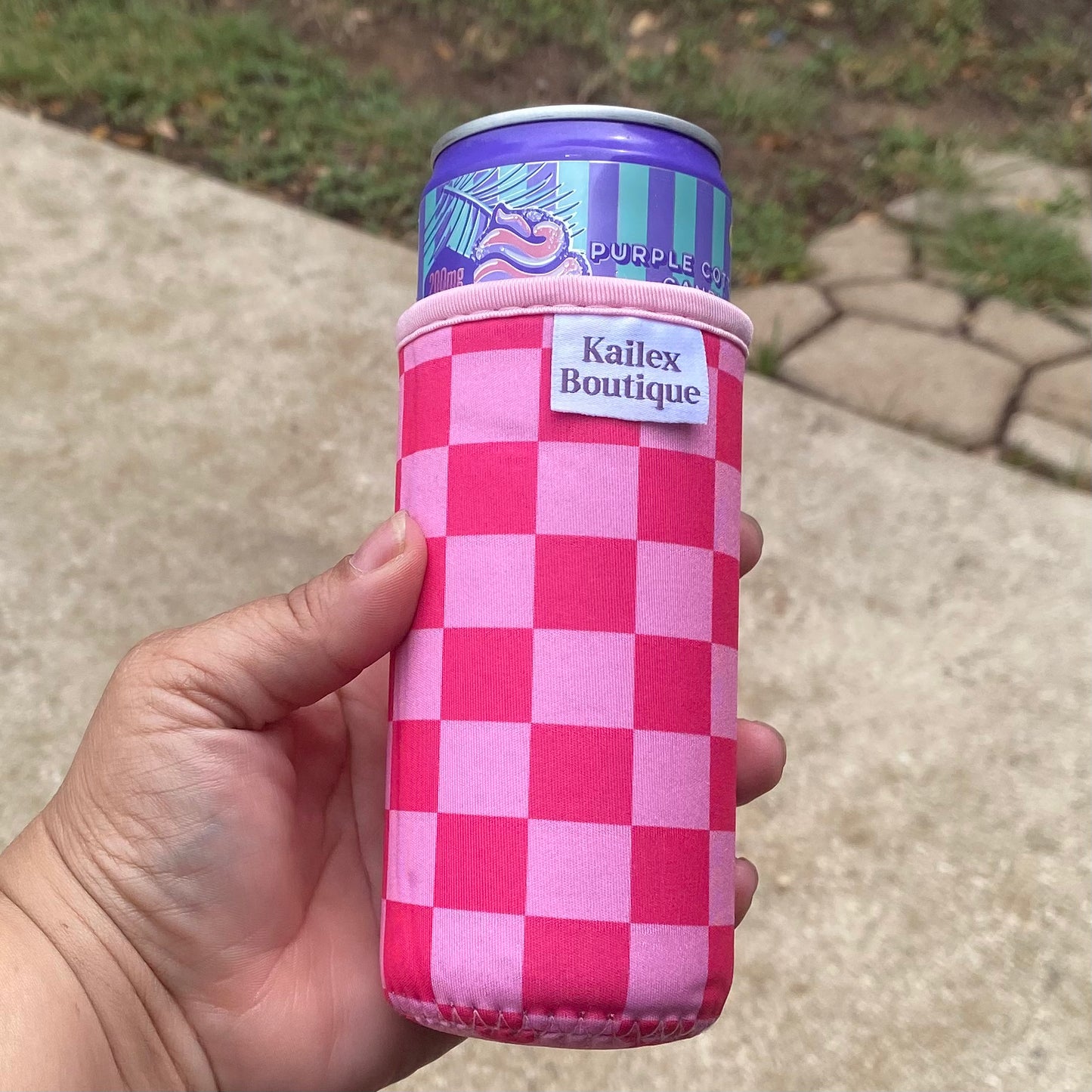 Checkered Slim can cooler sleeve for 12oz can, drinks