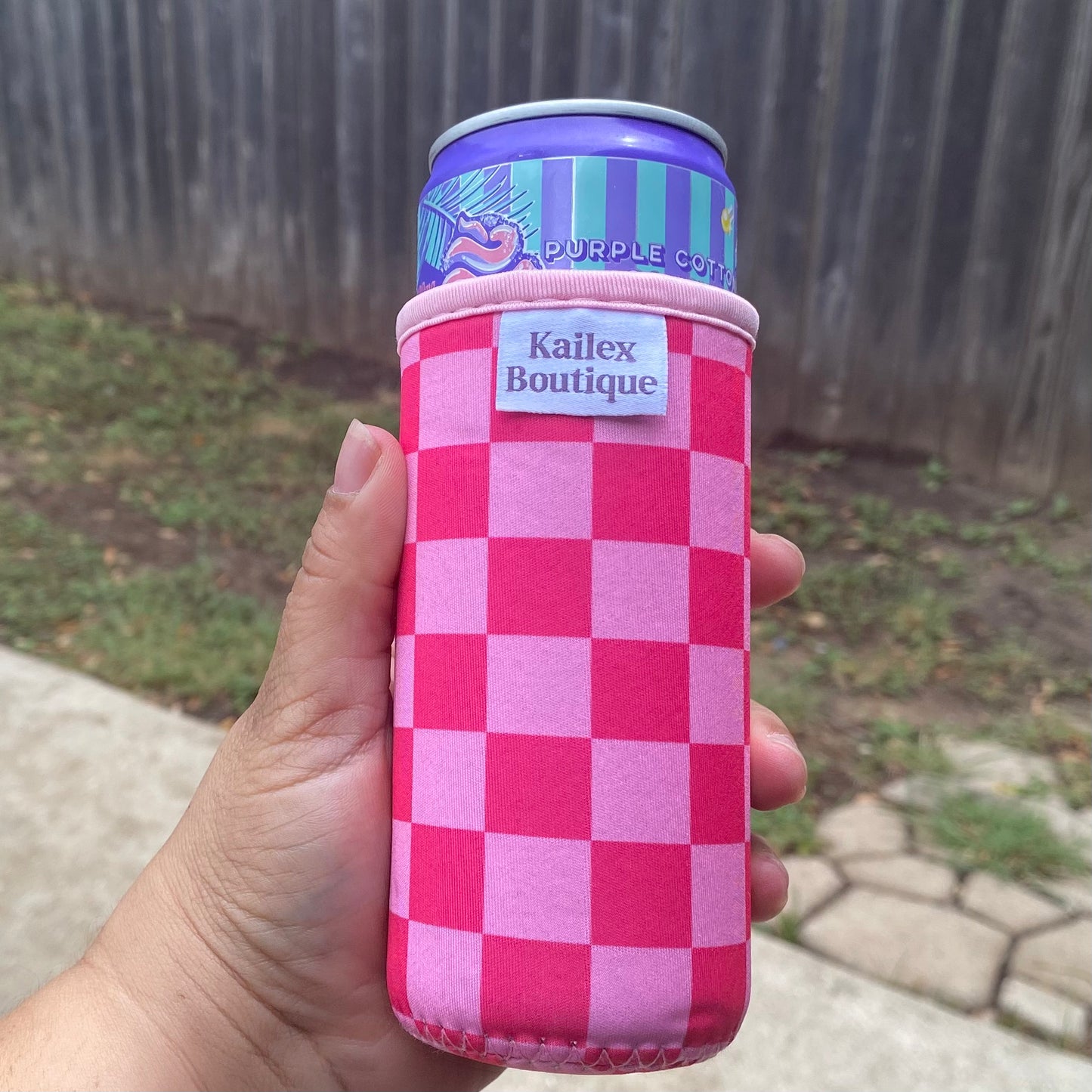 Checkered Slim can cooler sleeve for 12oz can, drinks