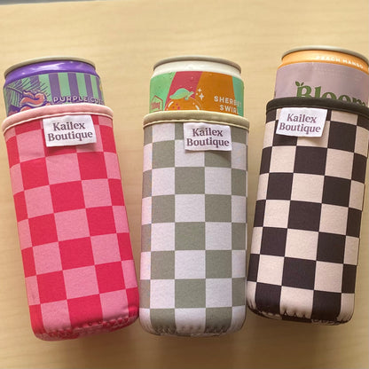 Checkered Slim can cooler sleeve for 12oz can, drinks