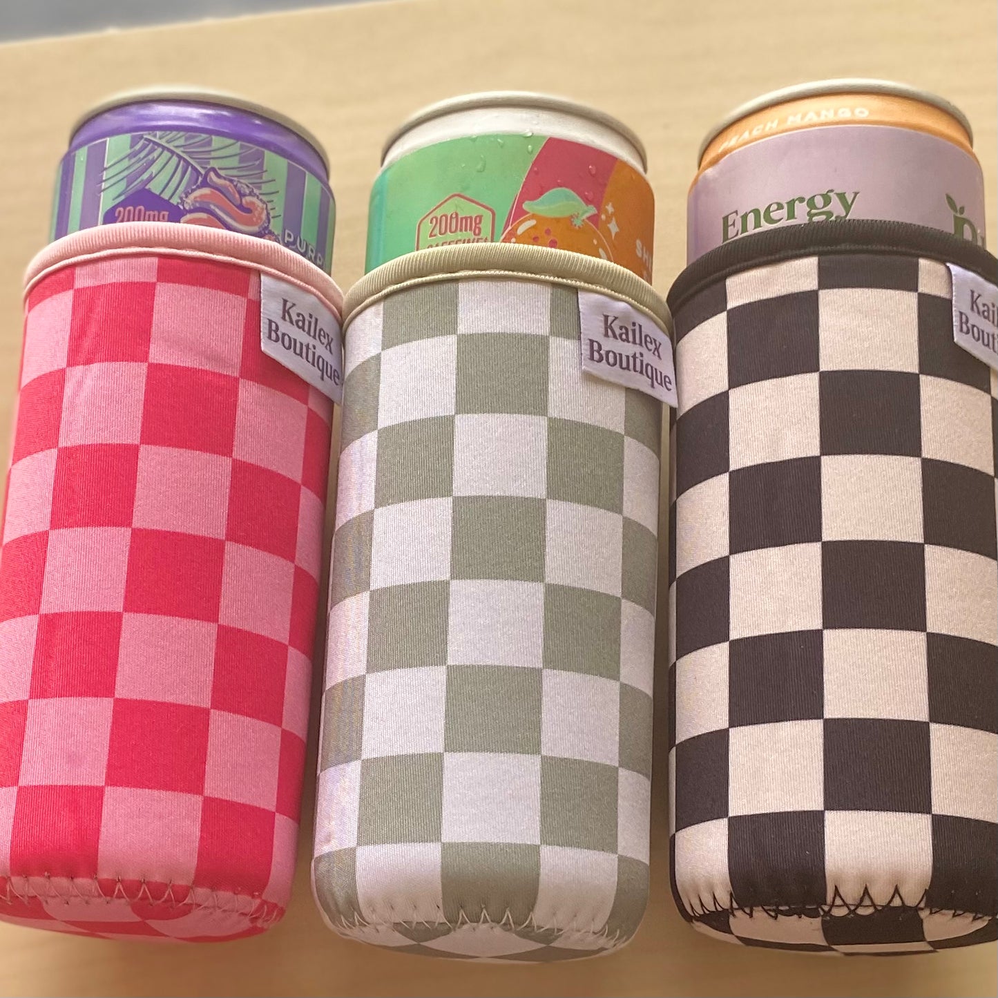 Checkered Slim can cooler sleeve for 12oz can, drinks