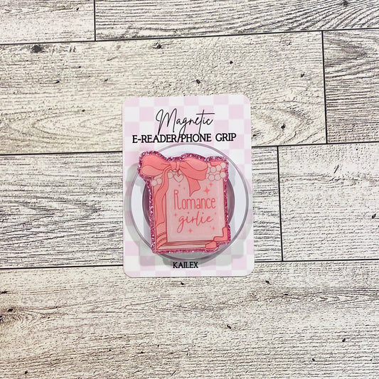 Romance girlie book with pink bow- E-Reader, Phone, Kindle Grip for all Devices Magnetic Grip