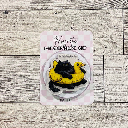In the mood for fun black cat in duck floatie- E-Reader, Phone, Kindle Grip for all Devices Magnetic Grip