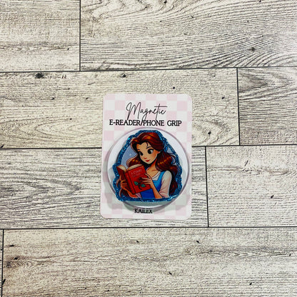 Girl in blue dress reading red book with rose- E-Reader, Phone, Kindle Grip for all Devices Magnetic Grip