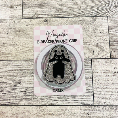 Sparkle Ghost holding black kitty- E-Reader, Phone, Kindle Grip for all Devices Magnetic Grip