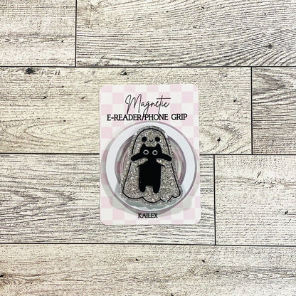 Sparkle Ghost holding black kitty- E-Reader, Phone, Kindle Grip for all Devices Magnetic Grip