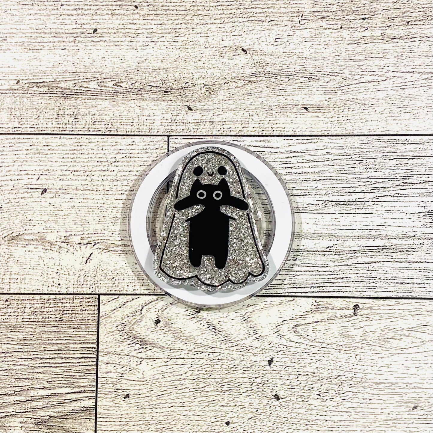 Sparkle Ghost holding black kitty- E-Reader, Phone, Kindle Grip for all Devices Magnetic Grip
