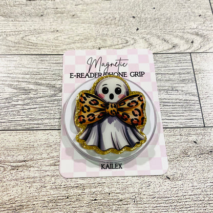 Ghost with leopard bow tie- E-Reader, Phone, Kindle Grip for all Devices Magnetic Grip