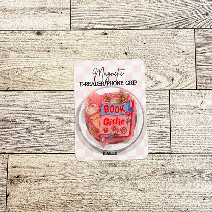 Book Girlie with flower book and coffee - E-Reader, Phone, Kindle Grip for all Devices Magnetic Grip
