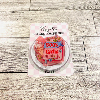 Book Girlie with flower book and coffee - E-Reader, Phone, Kindle Grip for all Devices Magnetic Grip